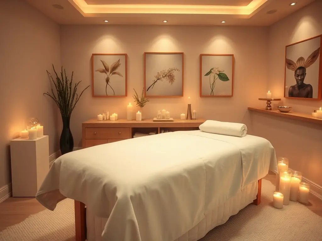 A serene image of the Villa ArboreA spa, featuring a massage table with soft lighting, aromatherapy candles, and a skilled therapist preparing for a treatment, emphasizing relaxation and wellness.
