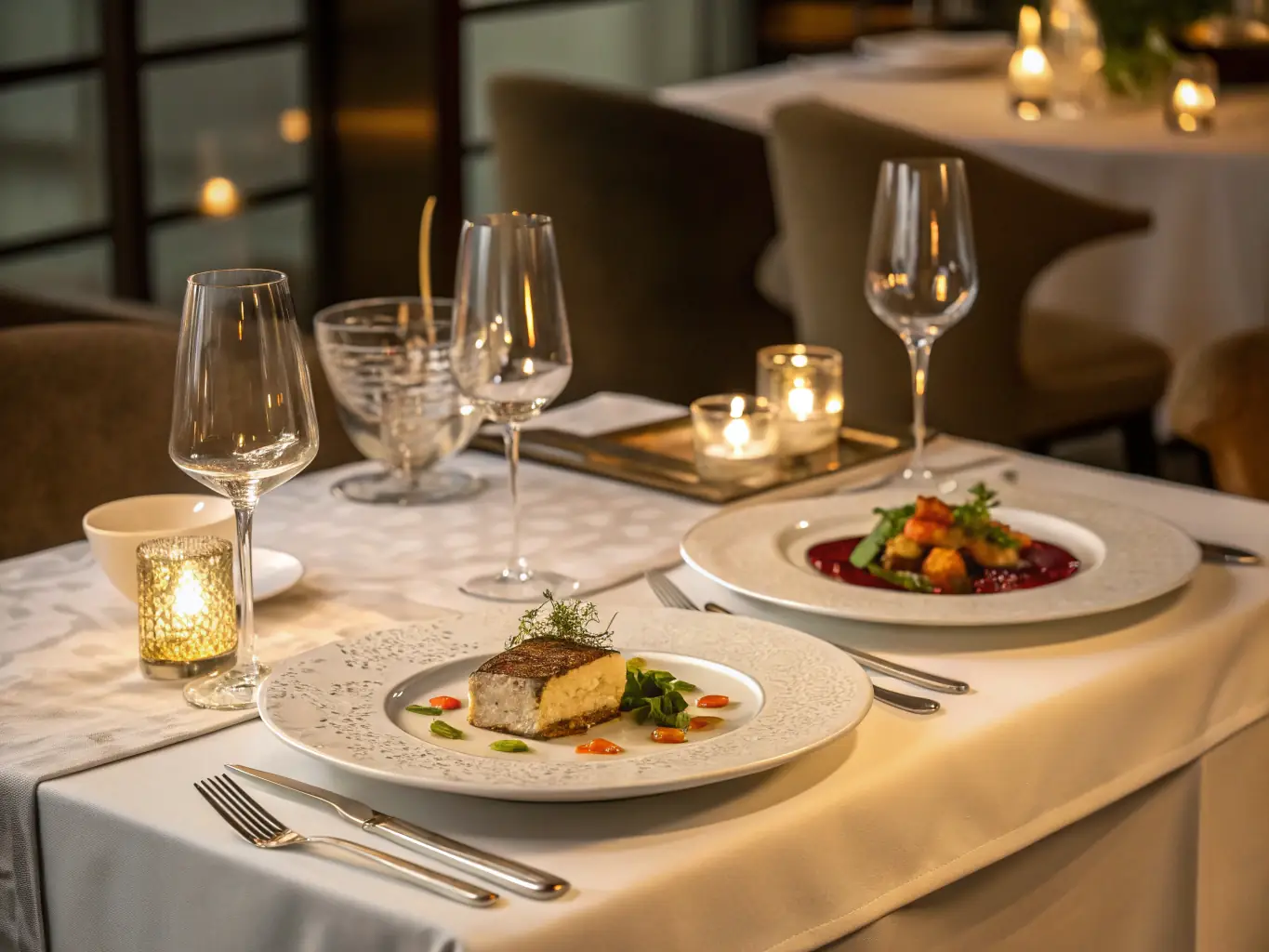 A beautifully set table at Villa ArboreA's gourmet restaurant, showcasing elegant tableware, fresh flowers, and a selection of delectable dishes, highlighting the resort's commitment to fine dining.