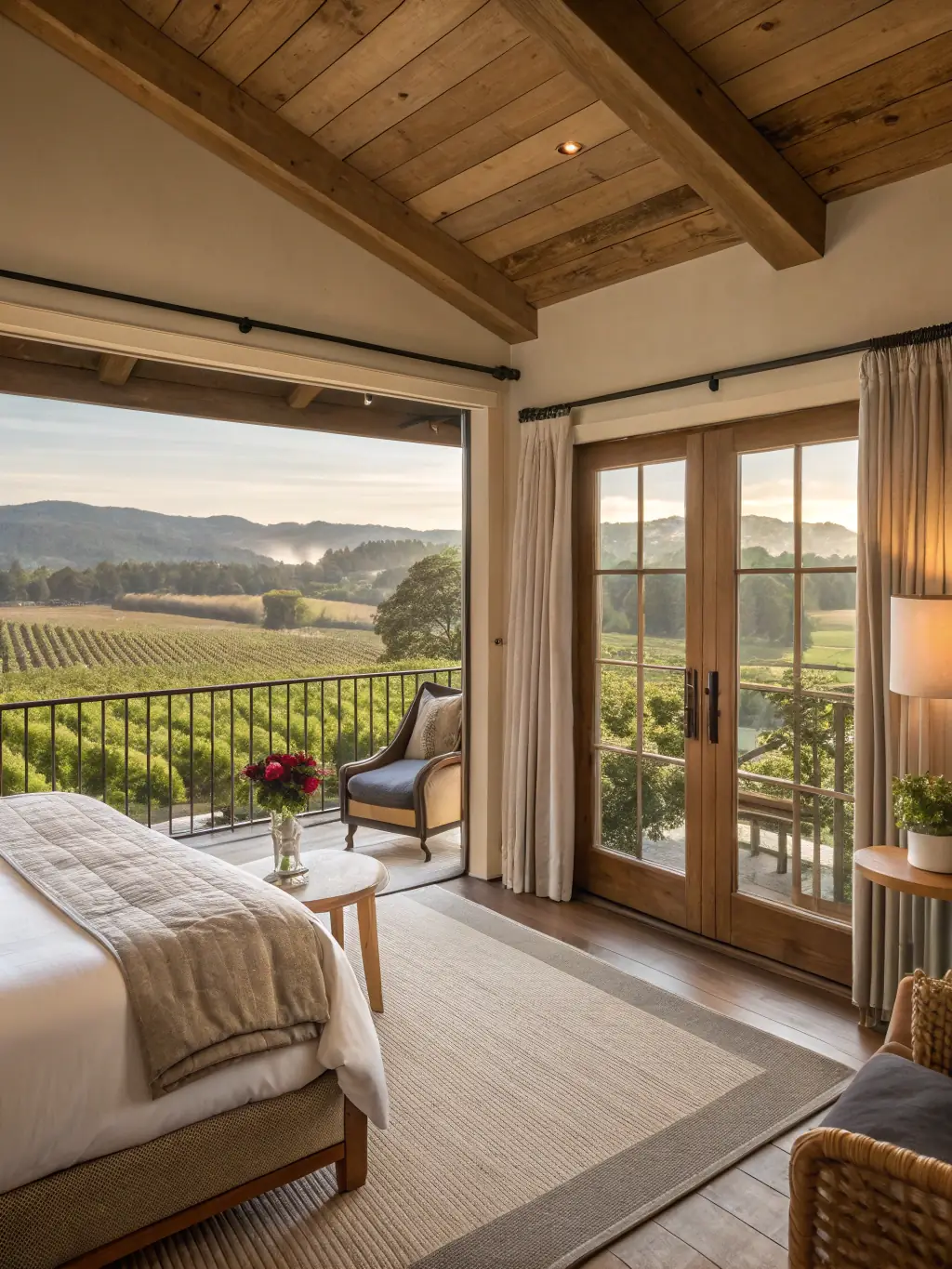 An inviting image of the Ulivo junior suite, capturing its spaciousness, luxurious amenities, and stunning views of the surrounding olive groves, with a private balcony.