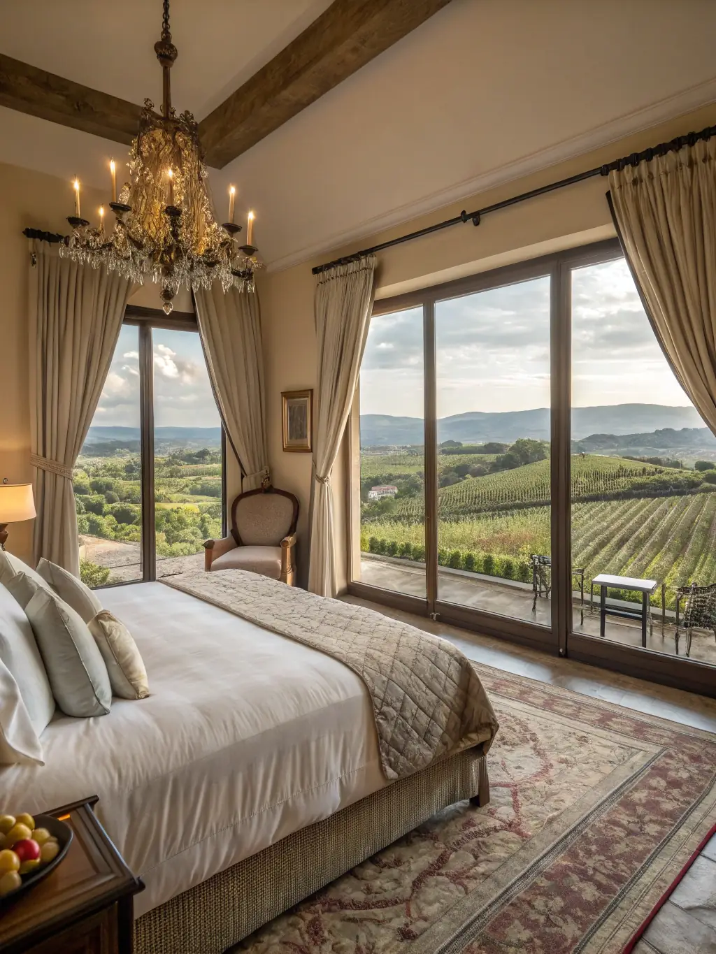 A beautifully lit interior shot of the Melograno suite, showcasing its elegant furnishings, king-size bed, and traditional Mediterranean decor, with a view of the garden through the window.