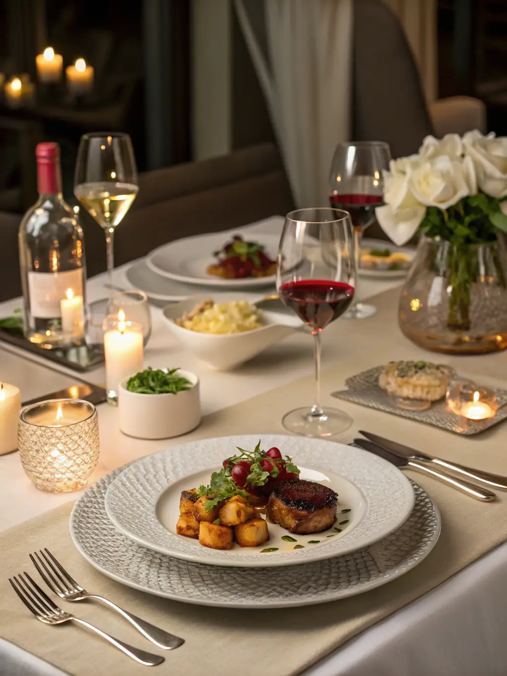 An elegant dining room with a beautifully set table, featuring gourmet dishes and fine wines.