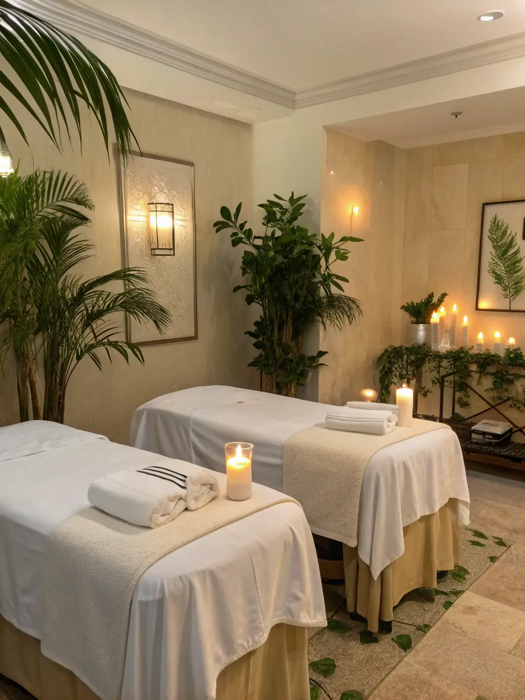 A serene spa setting with soft lighting, comfortable massage beds, and aromatherapy diffusers.